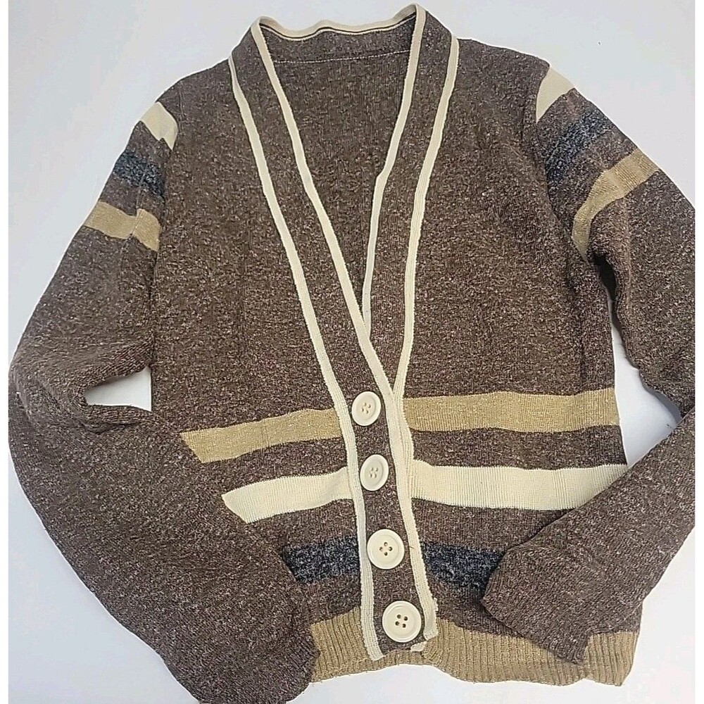 Vtg Button-up Fall‎ Brown Sweater Kids Cardigan Handmade Sz M/L